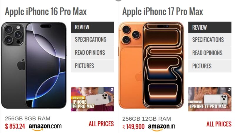 Apple iPhone 17 Pro Max (kanan) membawa sejumlah peningkatan signifikan dibandingkan pendahulunya, iPhone 16 Pro Max (kiri). (Sumber: GSMArena)