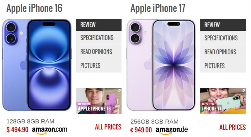 Apple iPhone 17 (kanan) membawa sejumlah peningkatan signifikan yang sebelumnya hanya ada di model Pro, dibandingkan iPhone 16 (kiri). (Sumber: GSMArena)