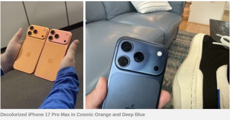 Laporan dari pengguna menunjukkan warna iPhone 17 Pro varian Cosmic Orange (kiri) dan Deep Blue (kanan) mengalami pemudaran. (Sumber: GSMArena)
