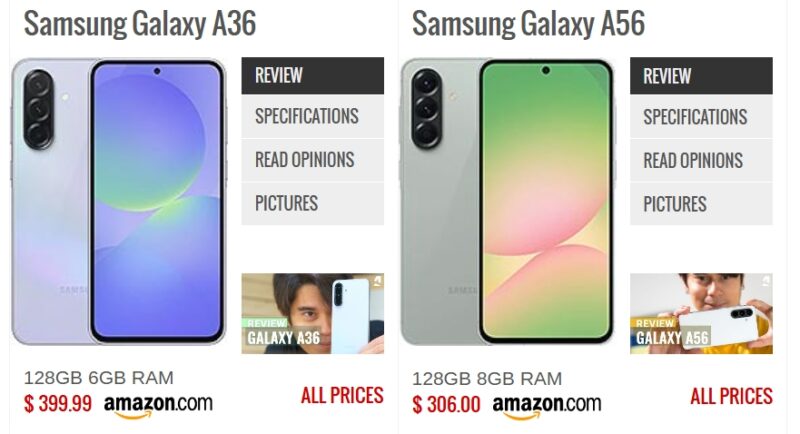 Samsung Galaxy A56 (kanan) dan Galaxy A36 (kiri) menawarkan spesifikasi yang menarik di kelas menengah, namun dengan beberapa perbedaan kunci. (Sumber: GSMArena)