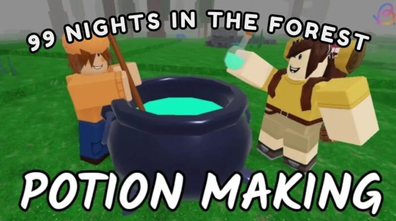 Fitur membuat Potion (ramuan) hadir di minggu kedua update Halloween 99 Nights in the Forest, menggunakan Cauldron dekat api unggun. (Sumber: 99 Nights in the Forest/Beebom)