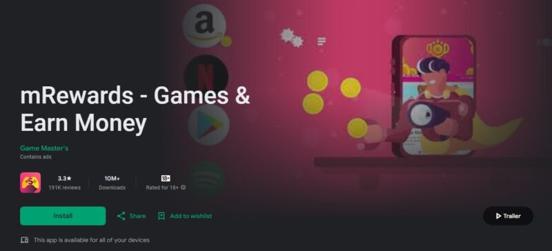 mRewards bekerja sama dengan pengembang game untuk memberikan komisi kepada pengguna yang mau mencoba memainkan game baru. (Sumber: Play Store/koransakti.co.id)