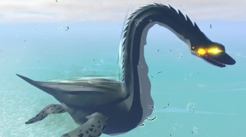 Ilustrasi visual penampakan bayangan Loch Ness Monster di perairan Kohana Island game Fish It Roblox, serta tampilan Diamond Rod yang menjadi incaran pemain. (Sumber: Roblox/Fish It)