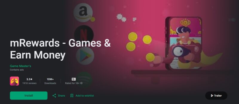 mRewards menjadi favorit pencari cuan karena sistem perhitungannya yang membayar koin berdasarkan durasi bermain game. (Sumber: Play Store/koransakti.co.id)