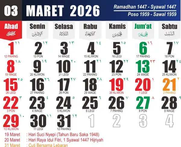 kalender bulan Maret 2026 yang menunjukkan deretan tanggal merah berturut-turut. Fenomena kelangkaan kalender ini menjadikan Maret sebagai bulan dengan periode libur panjang (long weekend) paling maksimal di tahun 2026.