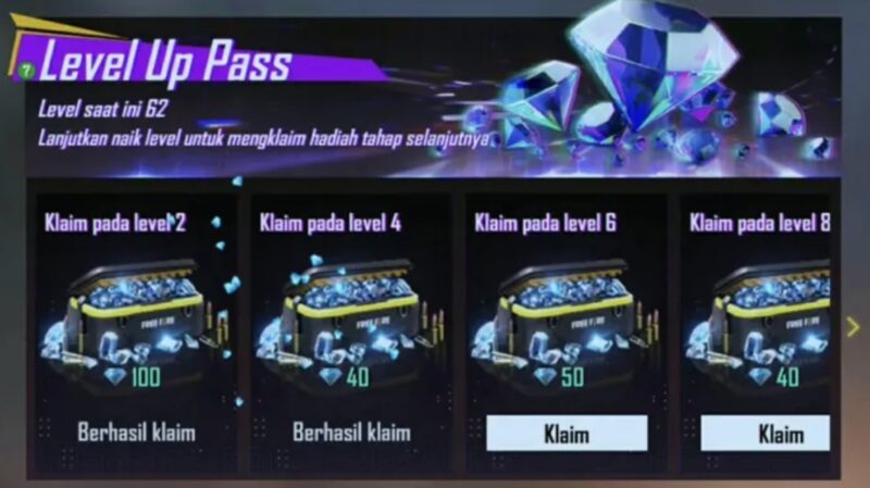 Antarmuka fitur Level Up Pass di dalam gim Free Fire yang menawarkan akumulasi diamond dalam jumlah besar dengan harga yang sangat terjangkau.