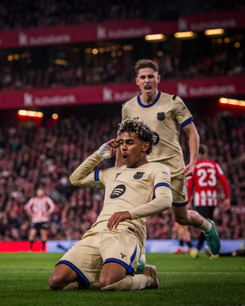 Lamine Yamal setelah mencetak gol semata wayang yang membawa Barcelona mencuri tiga poin penuh dari markas Athletic Bilbao