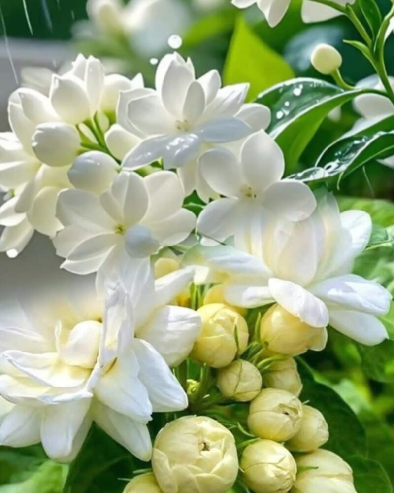 bunga melati putih yang sedang mekar sempurna, menebarkan aroma khas yang menenangkan sekaligus melambangkan kesucian tradisi Indonesia.