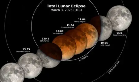 Ilustrasi fase Gerhana Bulan Total yang menunjukkan perubahan warna Bulan menjadi kemerahan (Blood Moon) saat berada di dalam umbra bumi.