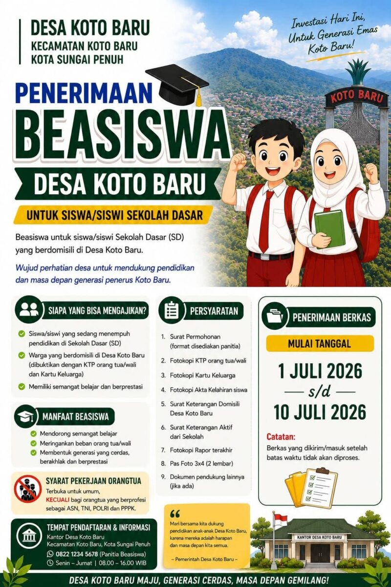 Infografis Pendaftaran Beasiswa Desa Koto Baru 2026.